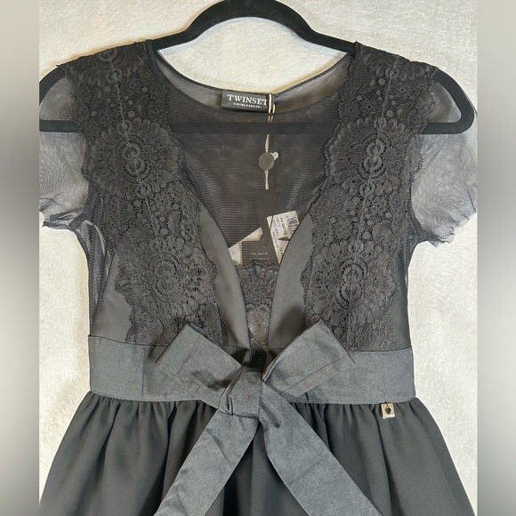 TWIN-SET NWT Scoop Neck Knee-Length Black Party Dress with Bow Lace‎ Sz 6/Small - Picture 2 of 16
